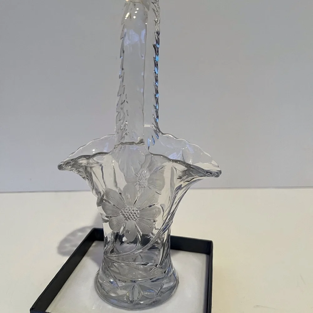 Vintage Petite Etched Glass Basket with Handle